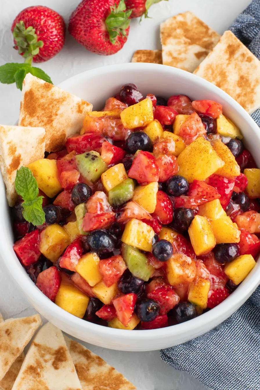 Bright fruit salsa in a bowl with cinnamon chips