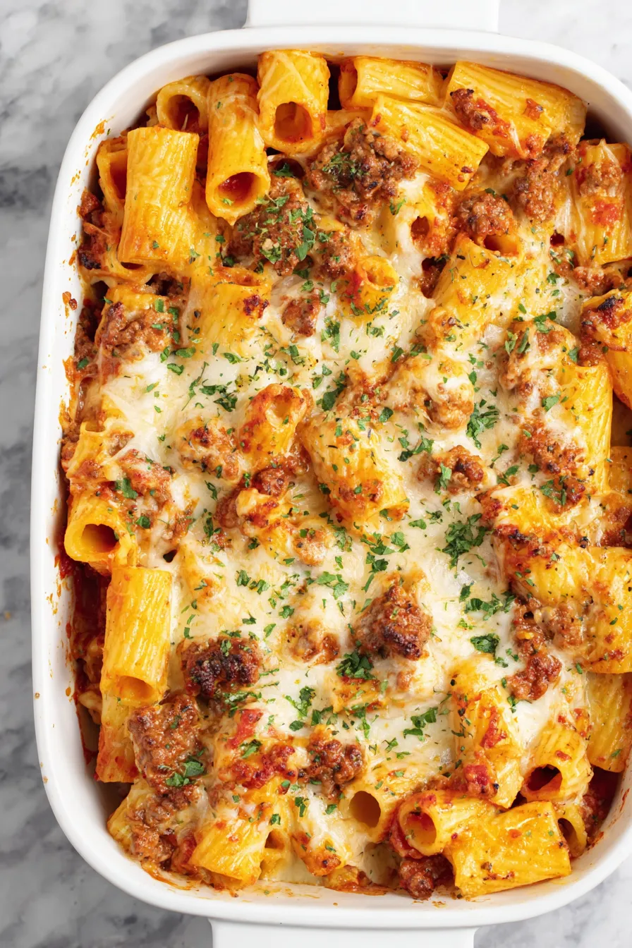 Baked rigatoni fresh from oven, golden cheese topping