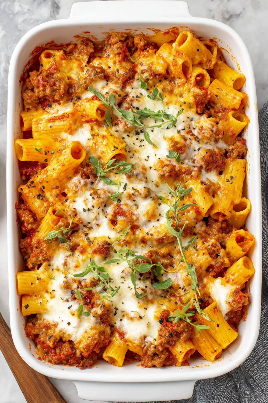 Close-up of cheesy rigatoni texture with sauce and sausage