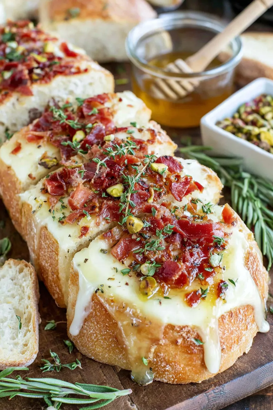 Close-up of melted brie and toppings
