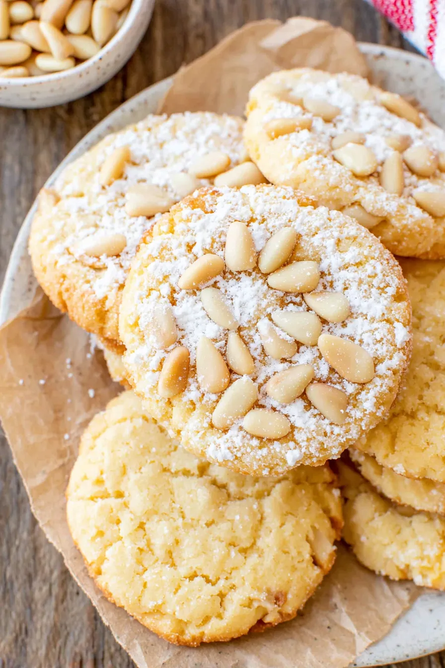 Pignoli cookies cooling on parchment