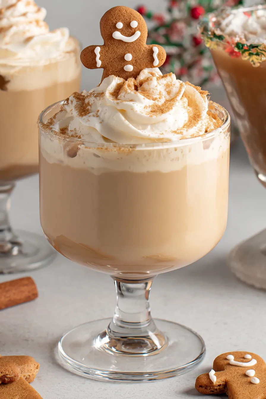 Close-up of whipped topping and gingerbread candy garnish