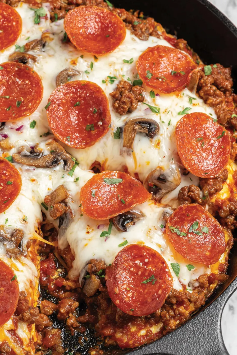 Slice being lifted from skillet crustless pizza