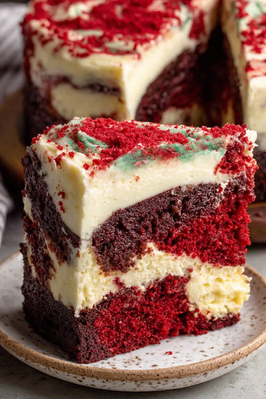 Red Velvet Cheesecake Cake sliced on a platter
