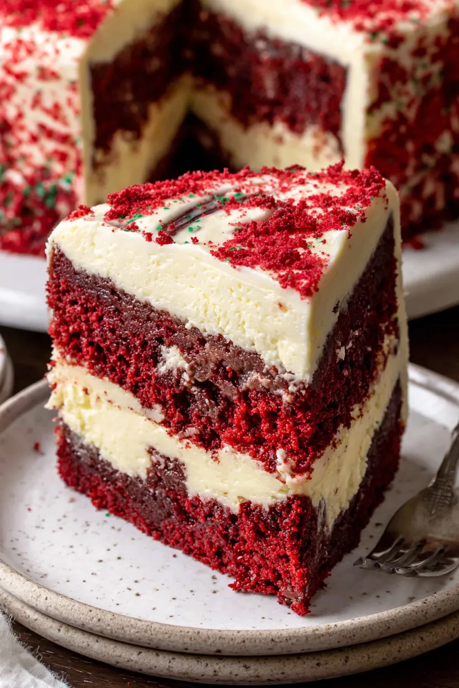 Close-up of slice showing cheesecake layer