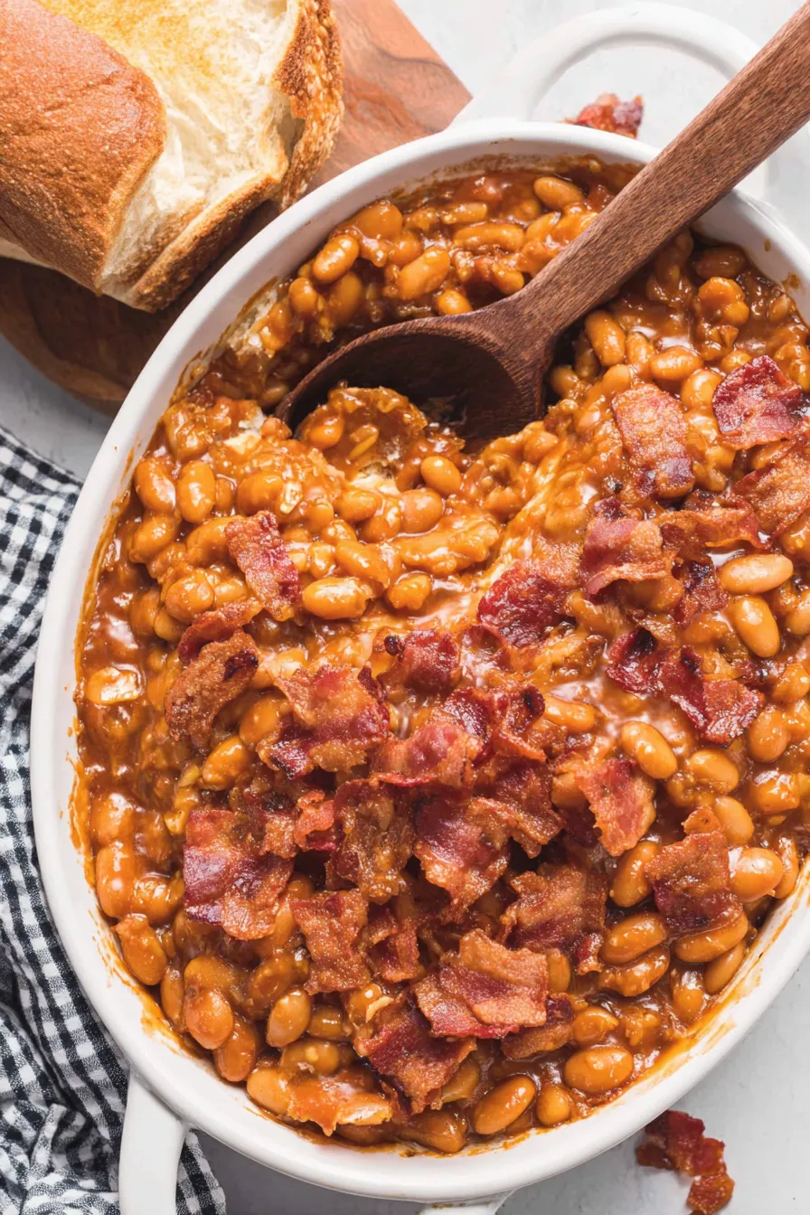 Close-up of beans with bacon and caramelized onions