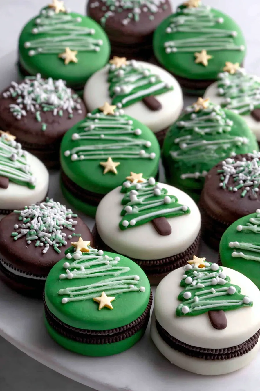 Finished Oreo tree cookies arranged on tray
