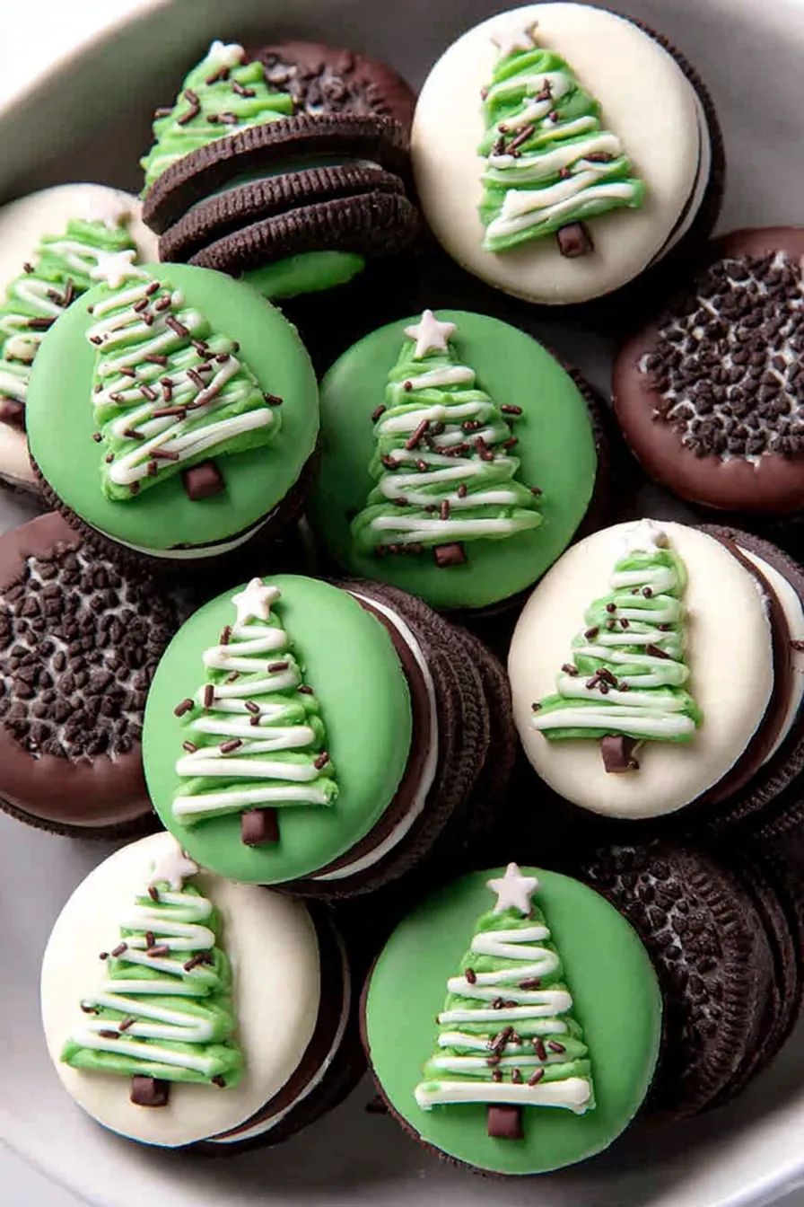 Oreo cookies on parchment with white coating