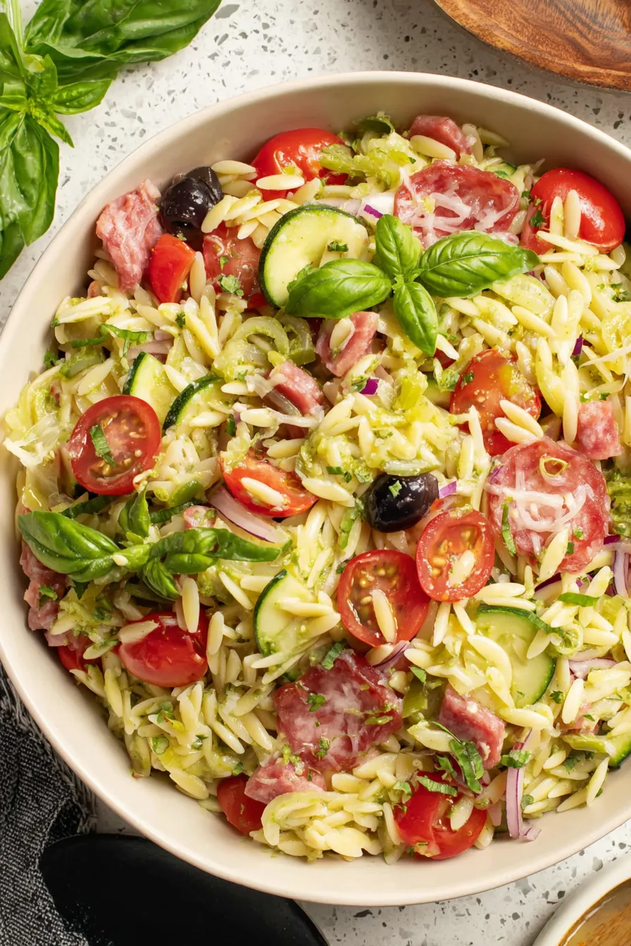 Close-up of orzo and shaved Parmesan
