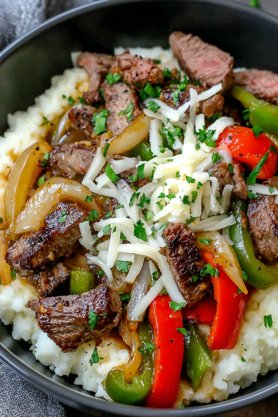 Philly cheesesteak bowl with melted cheese and peppers