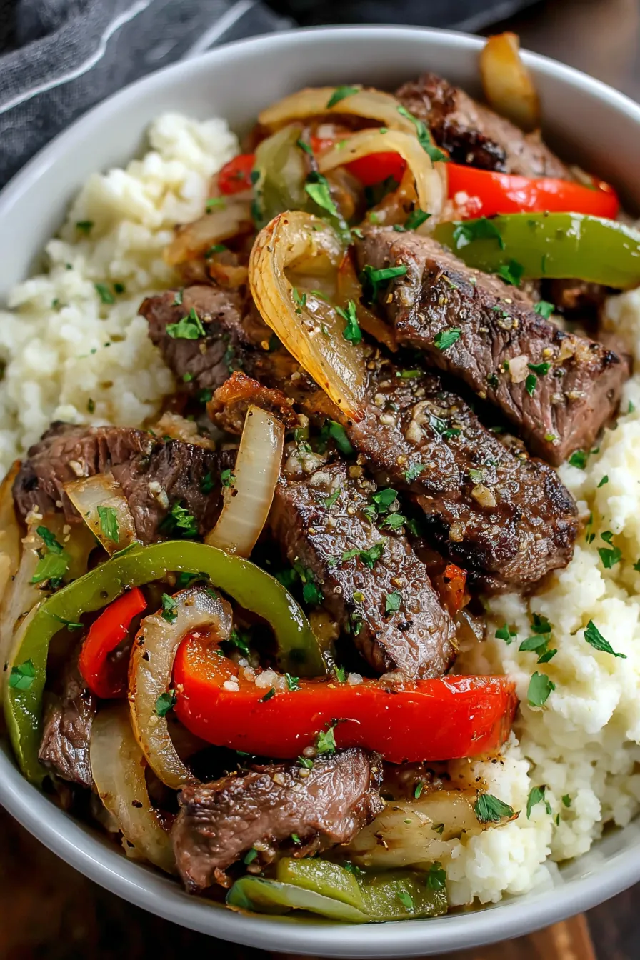 Close-up of sliced steak and sautéed peppers