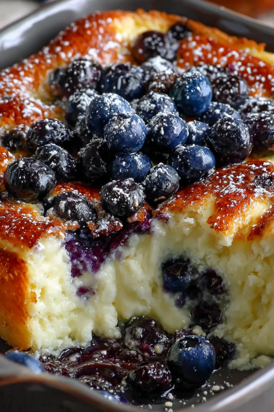 Slice of blueberry cottage cheese bake plated