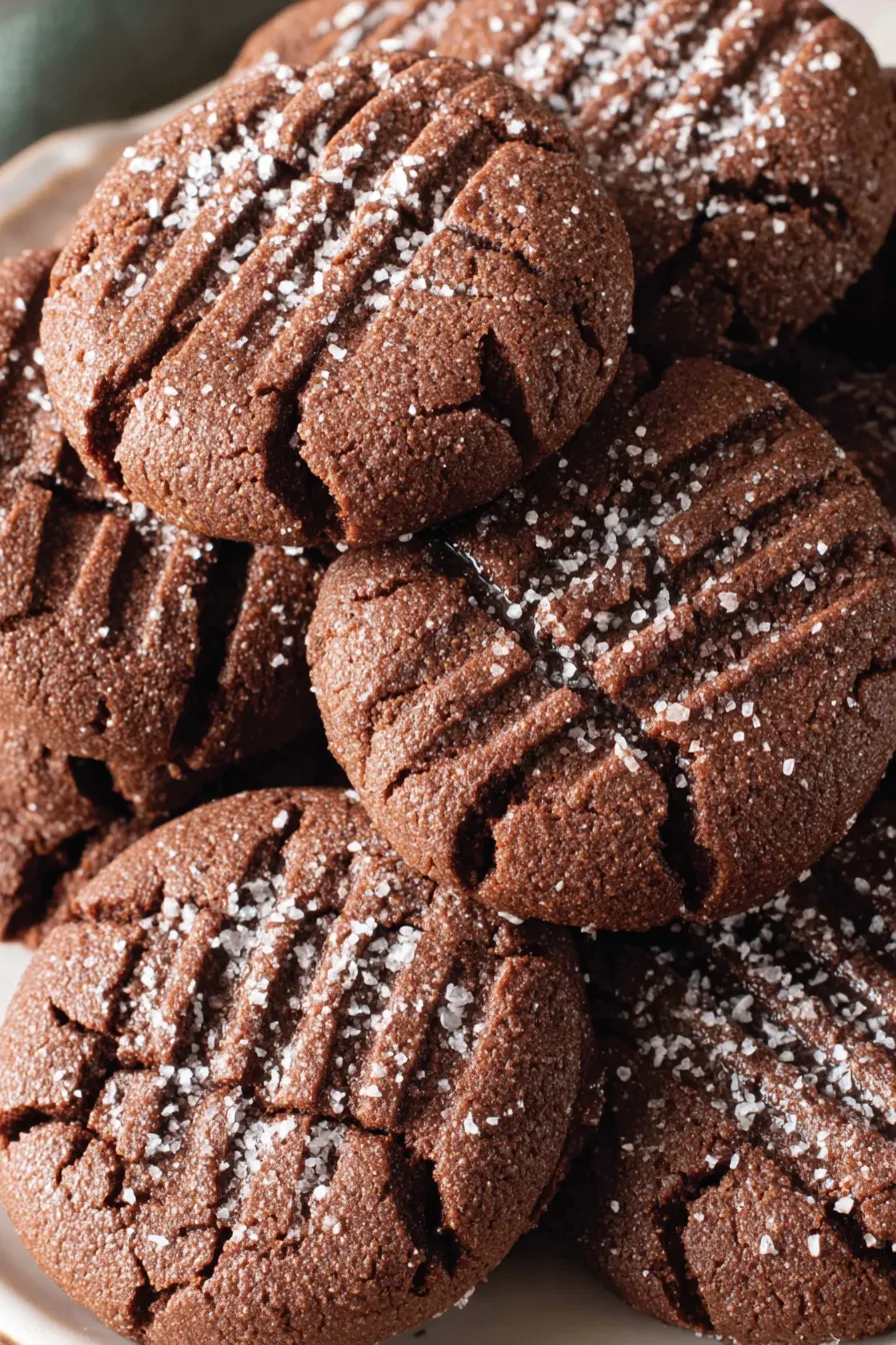 Close-up of baked chocolate peanut butter cookies with criss-cross fork marks