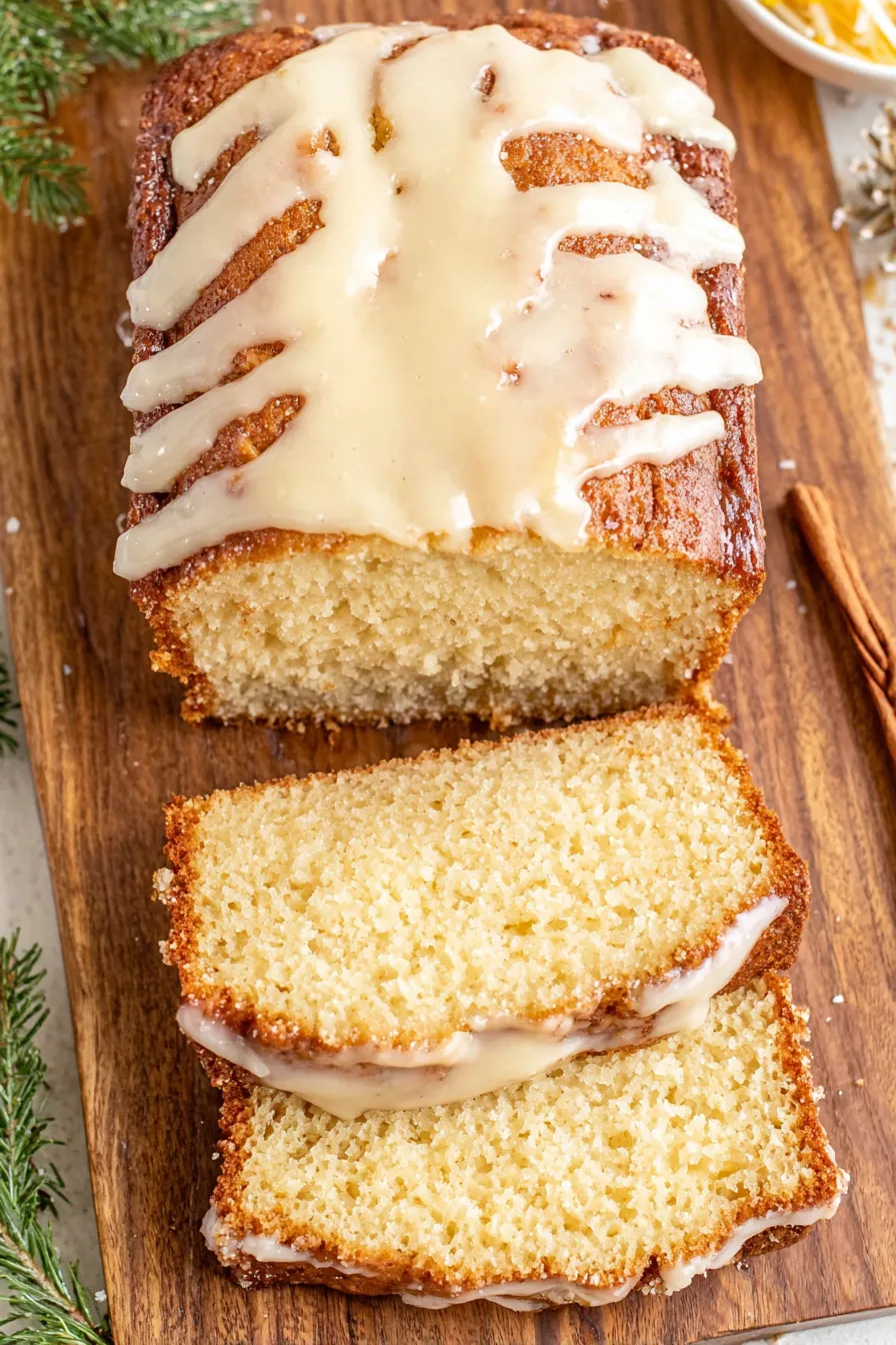 Vintage eggnog loaf cooling on wire rack with glaze drizzled on top