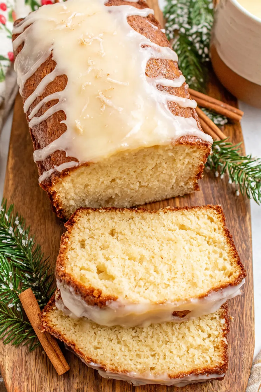 Slice of eggnog bread on a plate with powdered glaze and nutmeg dusting