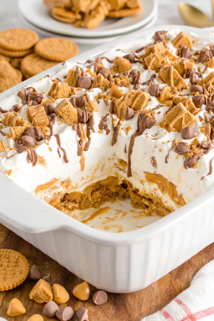 Layered peanut butter lasagna in a 9x13 dish with whipped topping