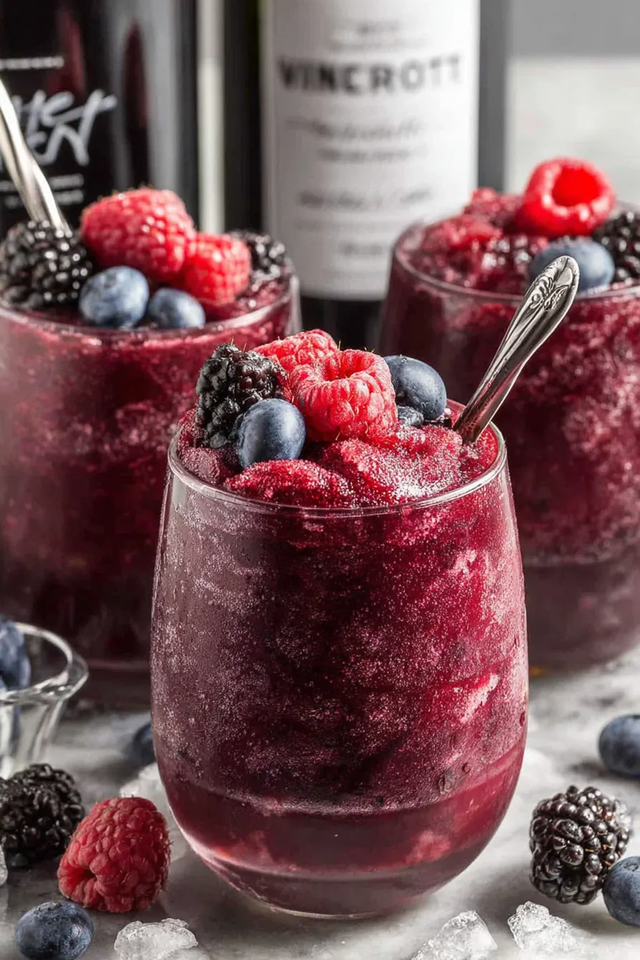 Red Wine Slushie in wine glasses with berry garnish
