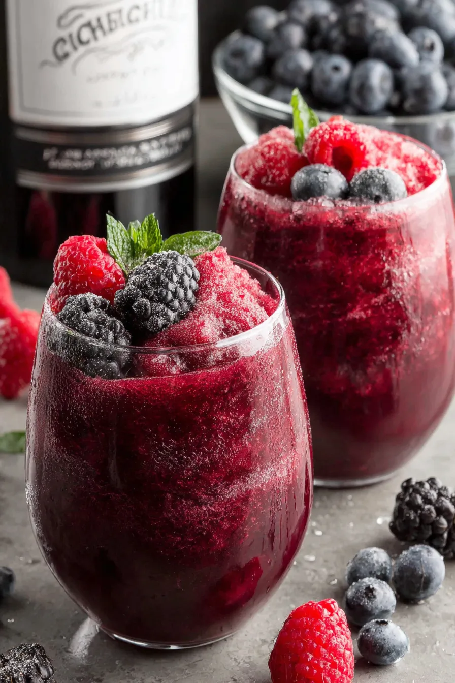 Close-up of scooped red wine slushie with berries