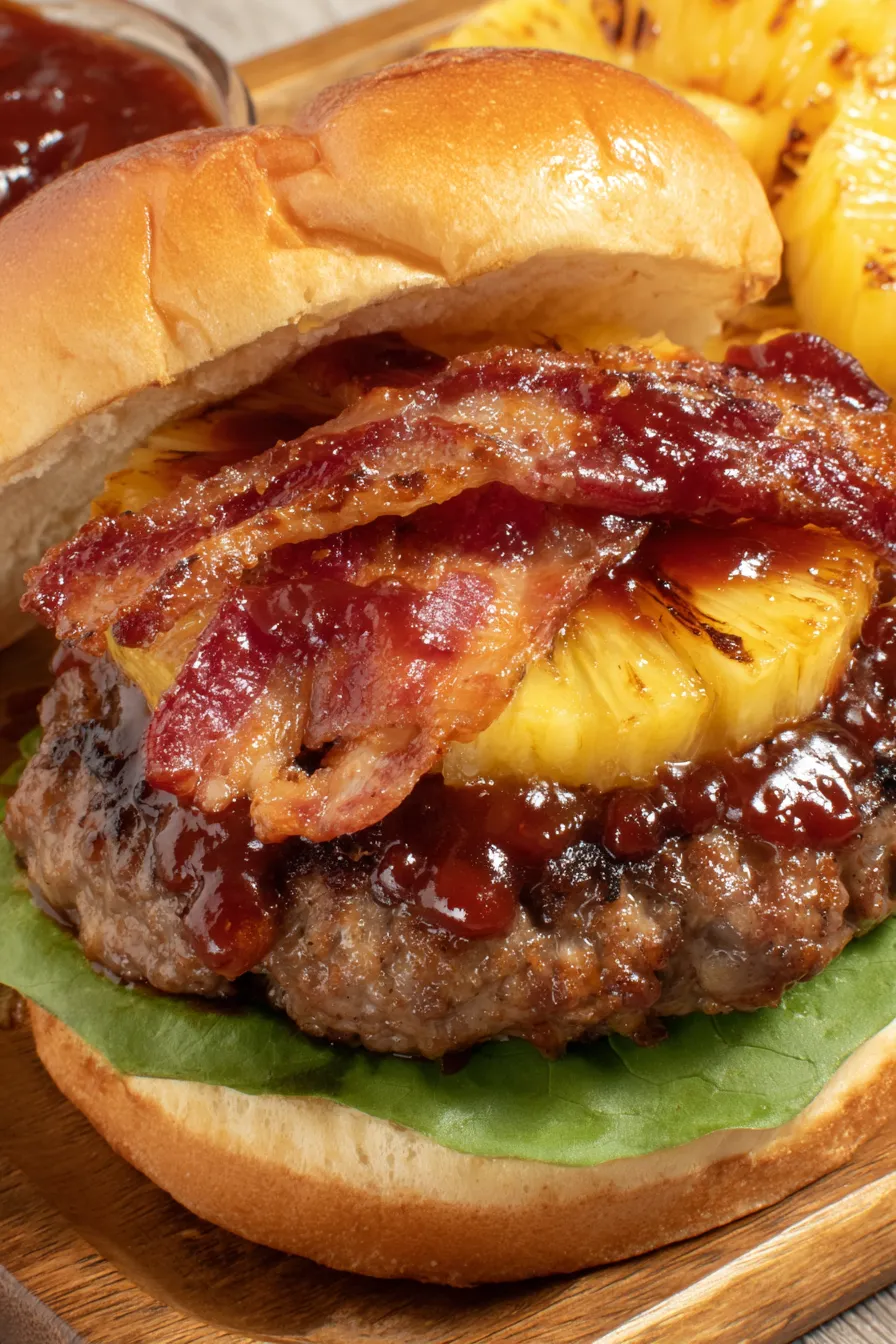 assembled pineapple bacon burger on a rack