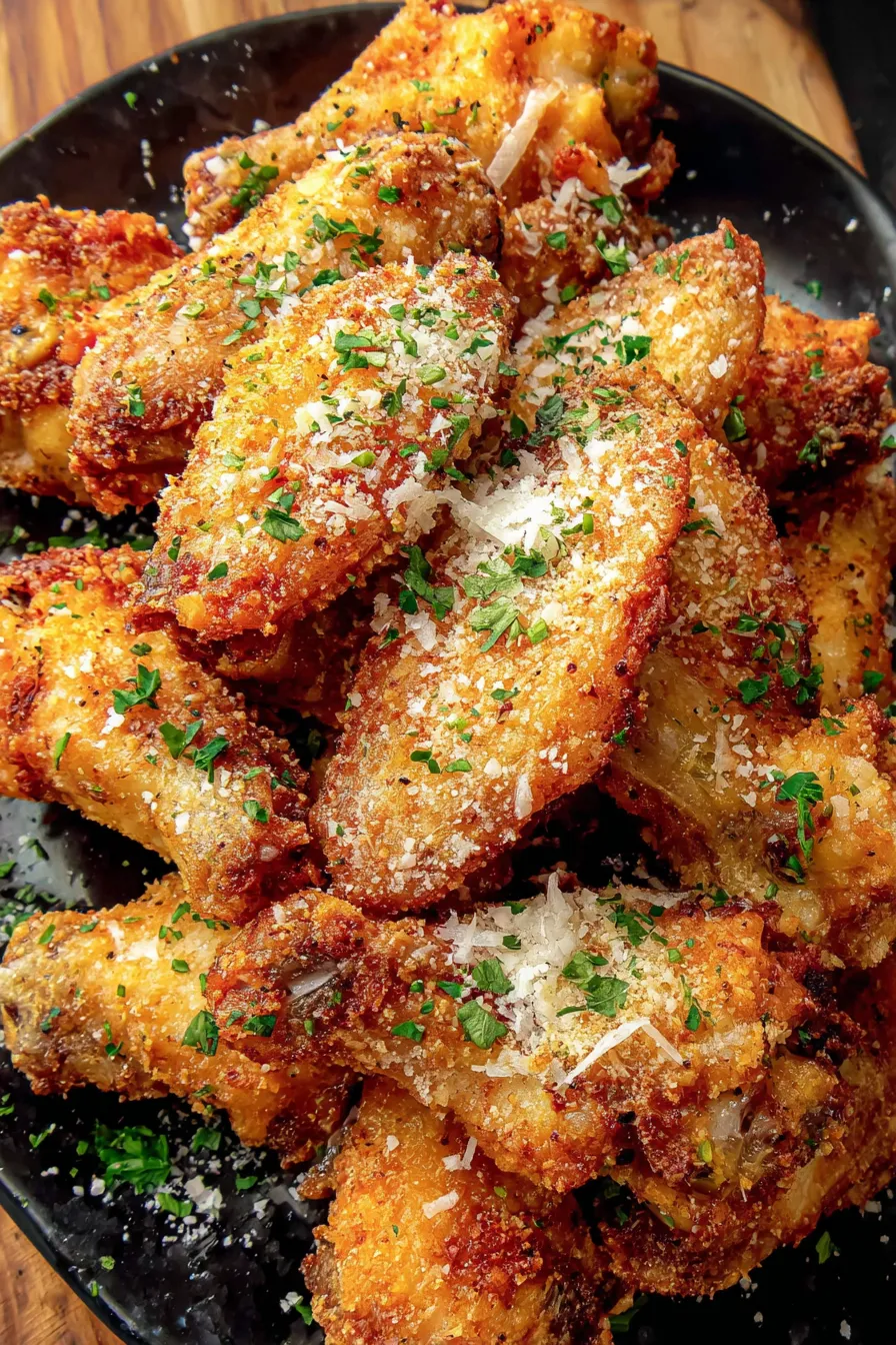 Crispy parmesan coated wings plated with herbs