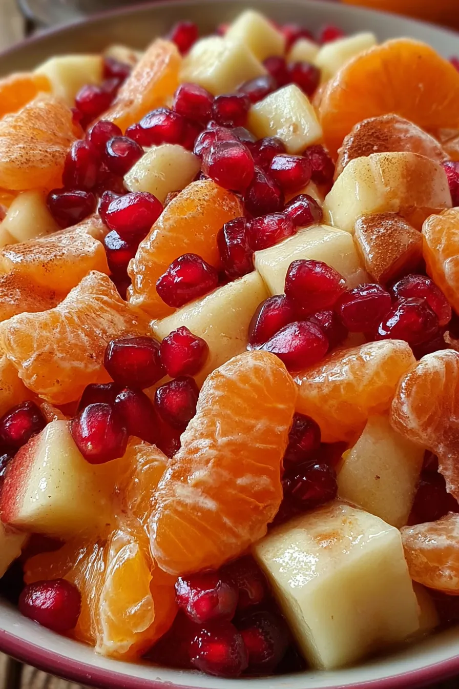 Close-up of pomegranate arils and apple pieces