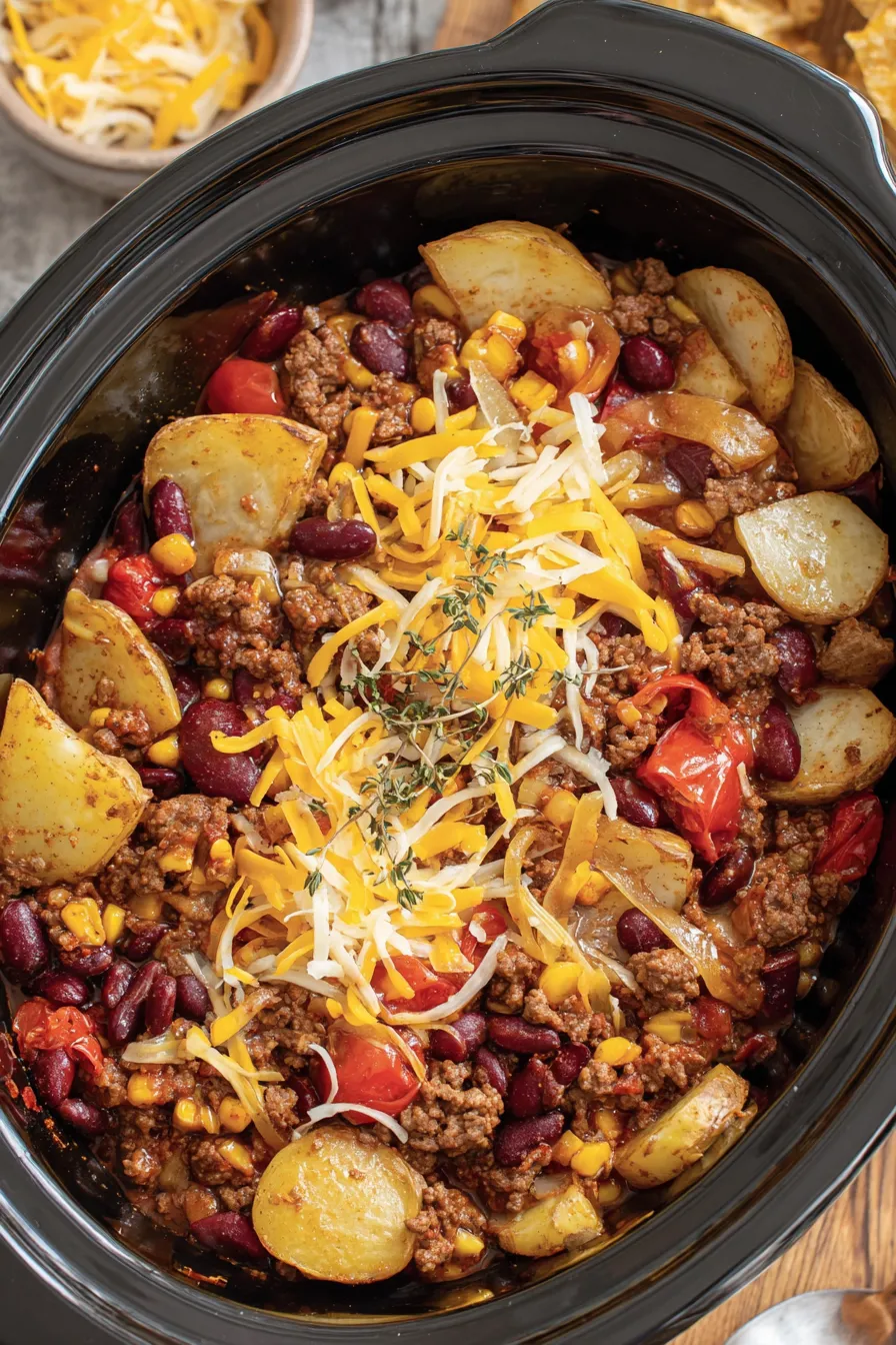 Crockpot Cowboy Casserole in slow cooker with bubbling cheese