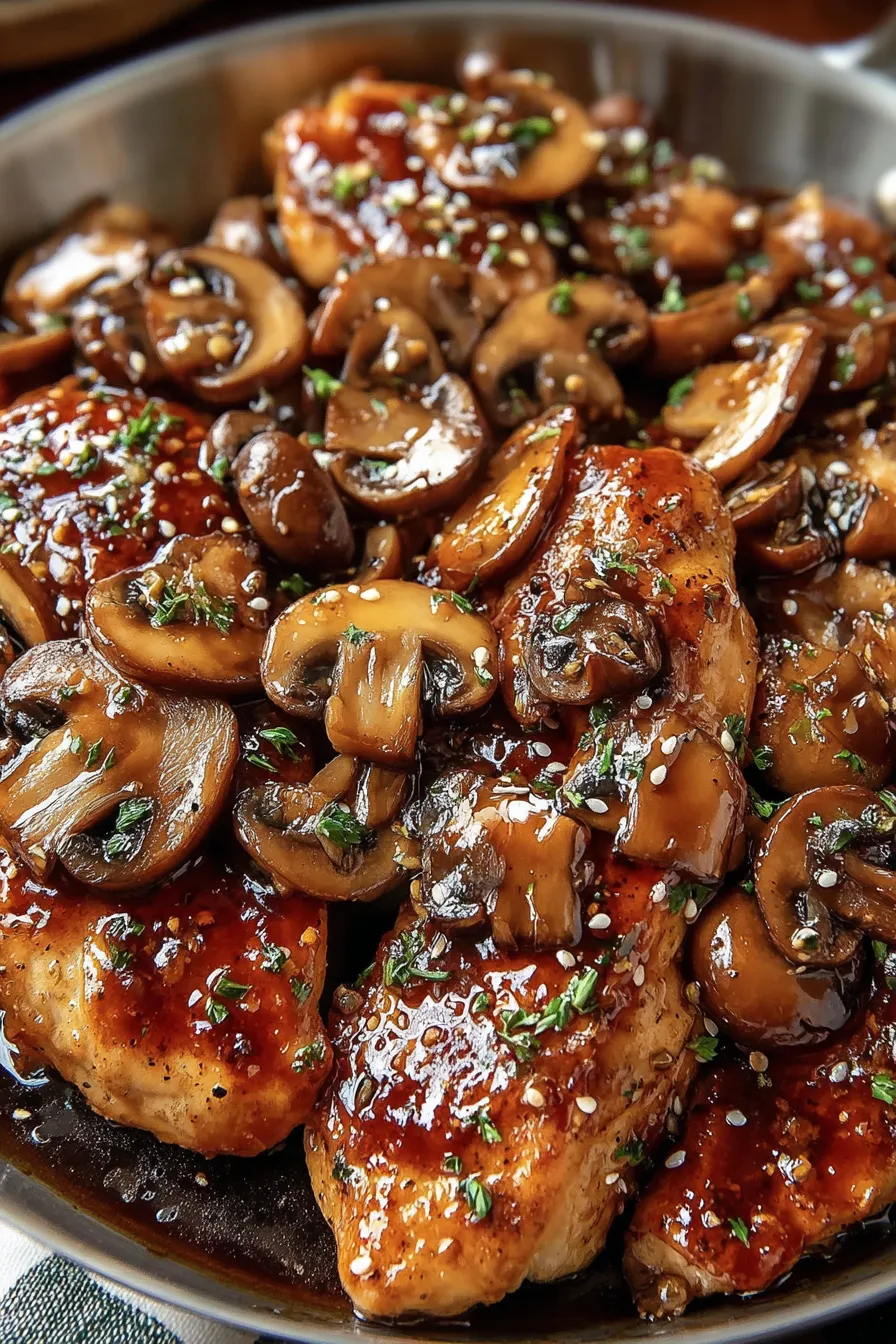 Plated honey garlic chicken with rice and garnish