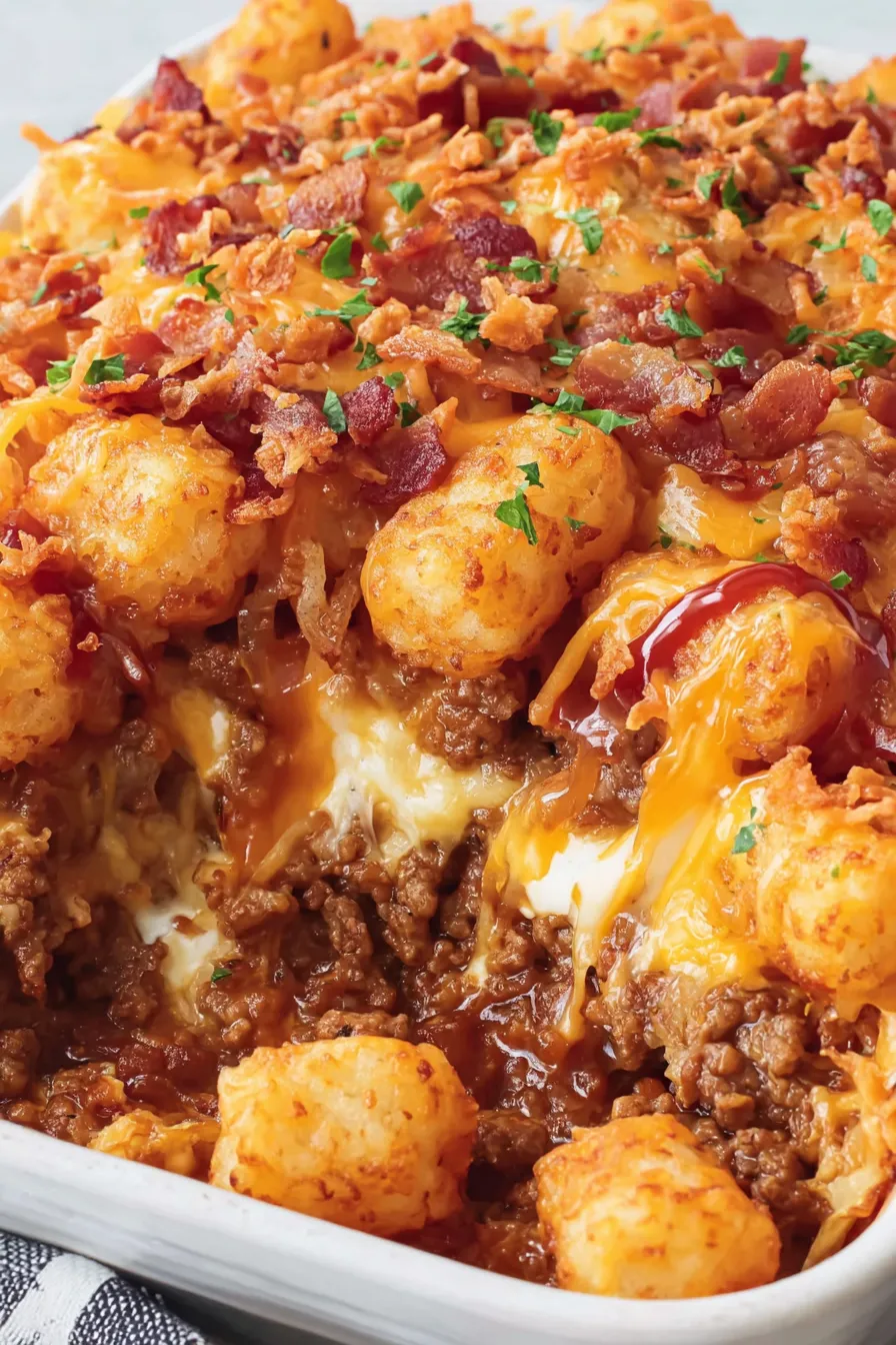 Finished bacon cheeseburger tater tot casserole bubbling in a pan