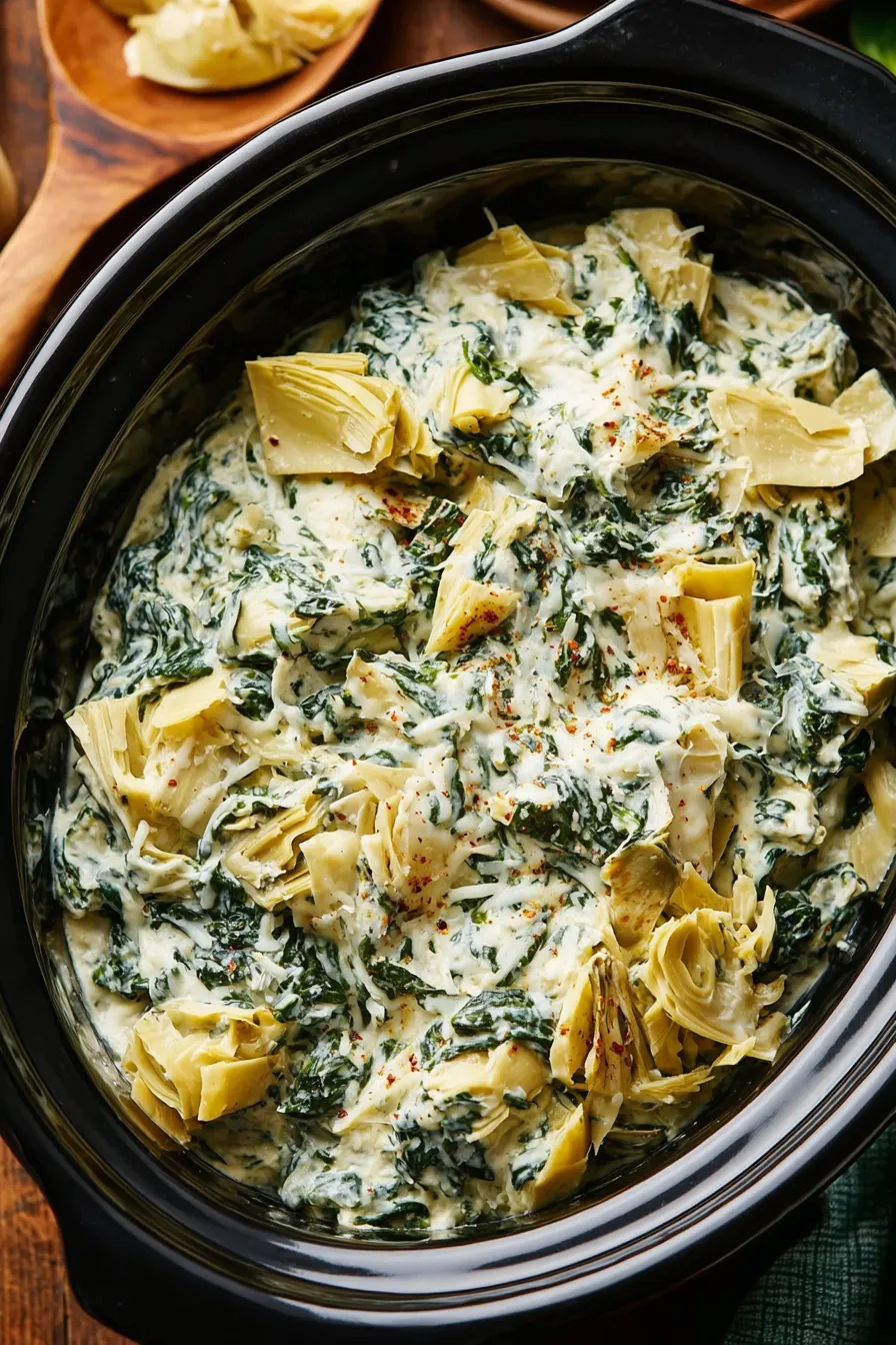 Crock pot spinach artichoke dip melting in a slow cooker