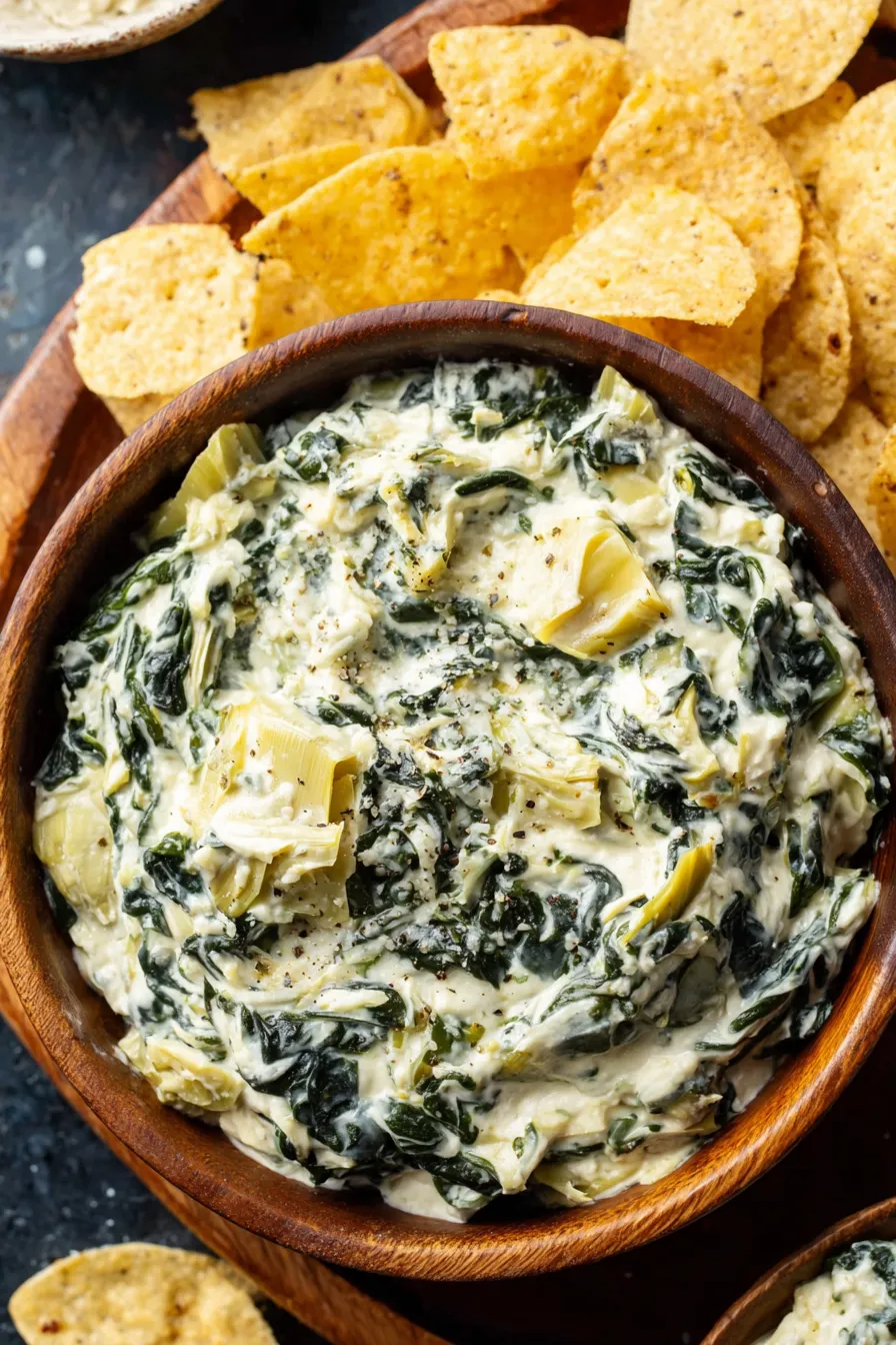 Served spinach artichoke dip with crackers