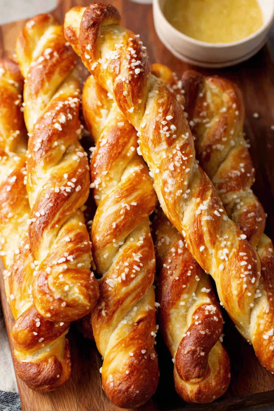 Pretzel sticks on parchment before baking