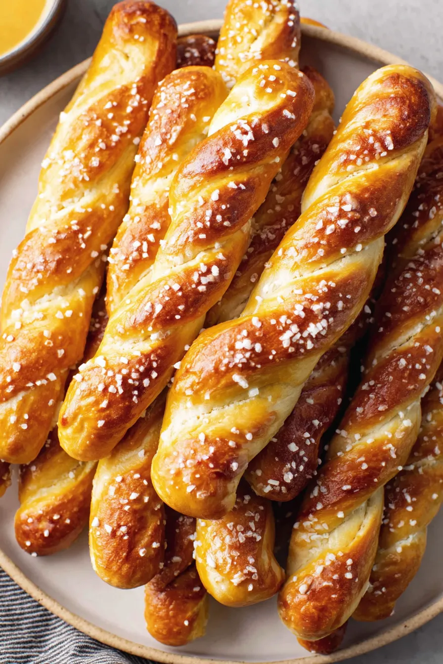 Golden baked pretzel sticks on a cooling rack