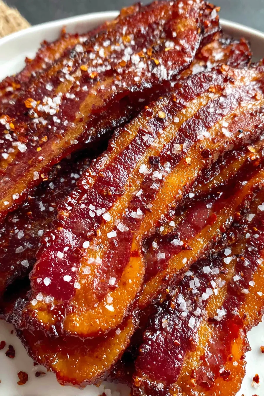Candied bacon cooling on rack