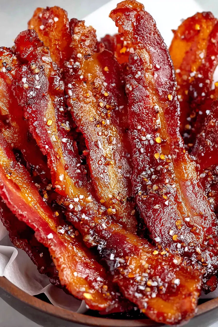 Close-up of glazed candied bacon