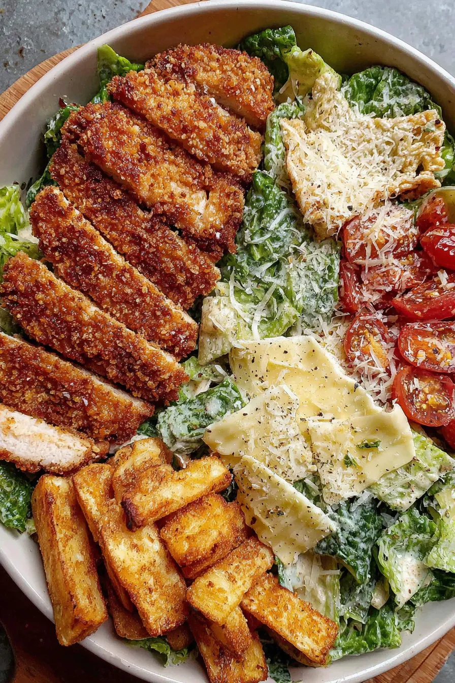 Crispy chicken schnitzel on salad with fries