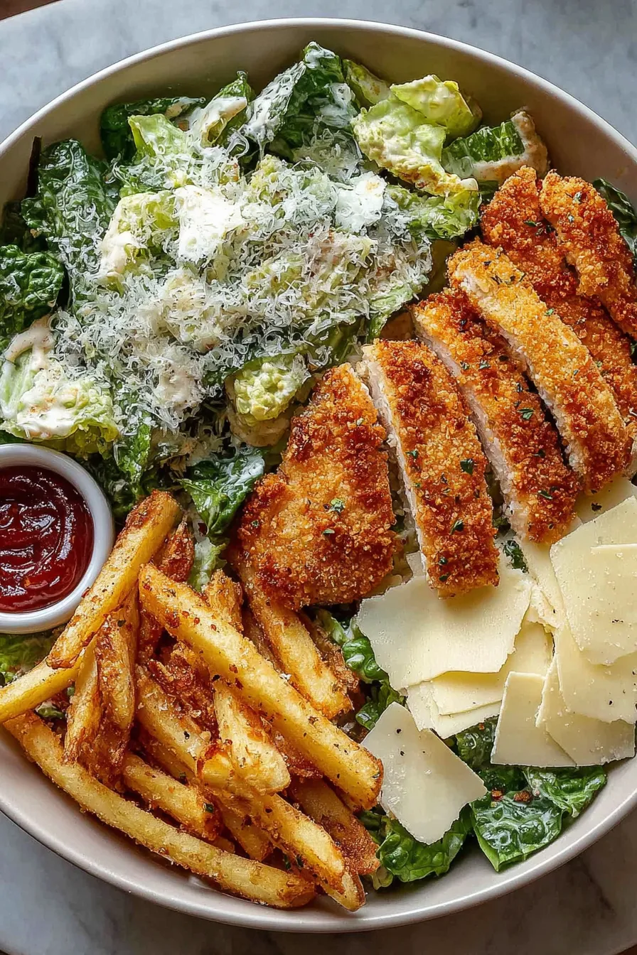 Plated salad with fries and hot honey drizzle