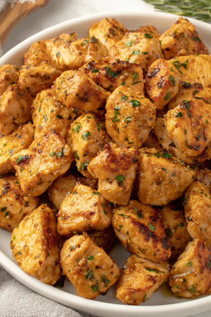 Served garlic butter chicken bites with parsley garnish