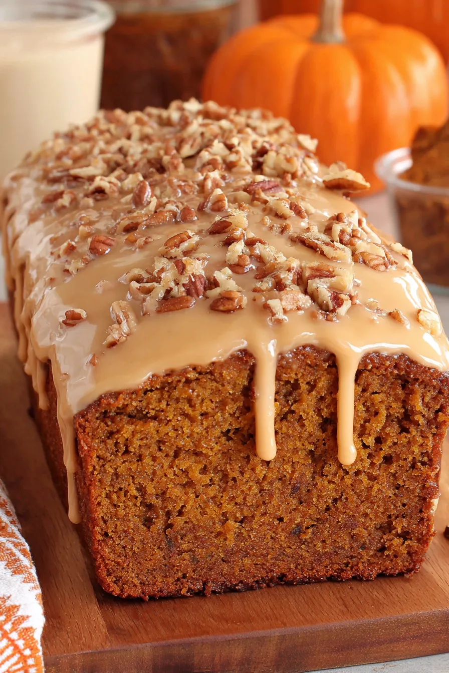 Maple pumpkin bread cooling on a rack with nut topping