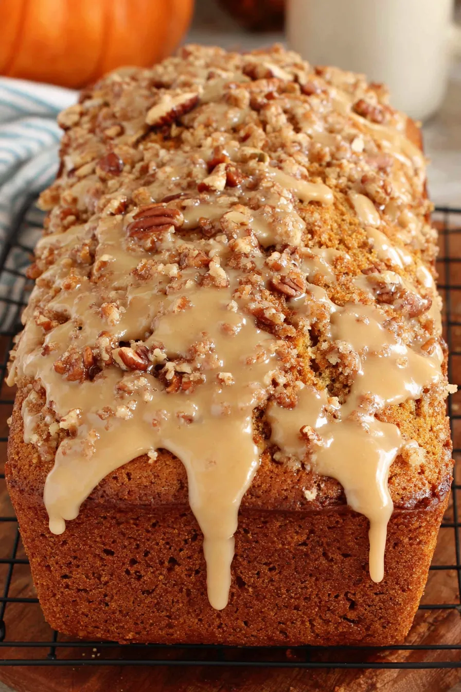 Sliced maple pumpkin bread on a wooden board with icing drizzle