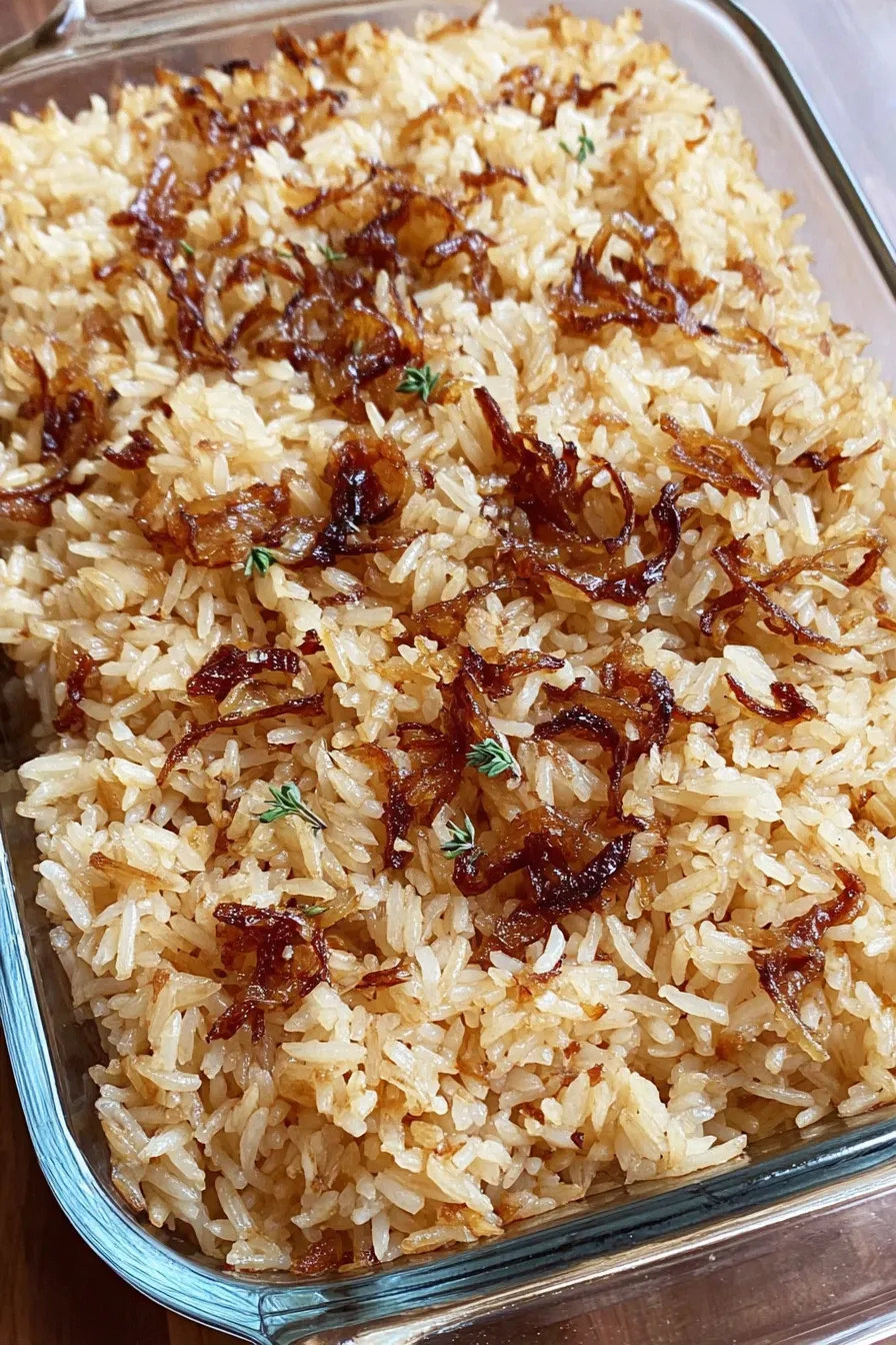 Baking dish of French Onion Soup Rice Bake