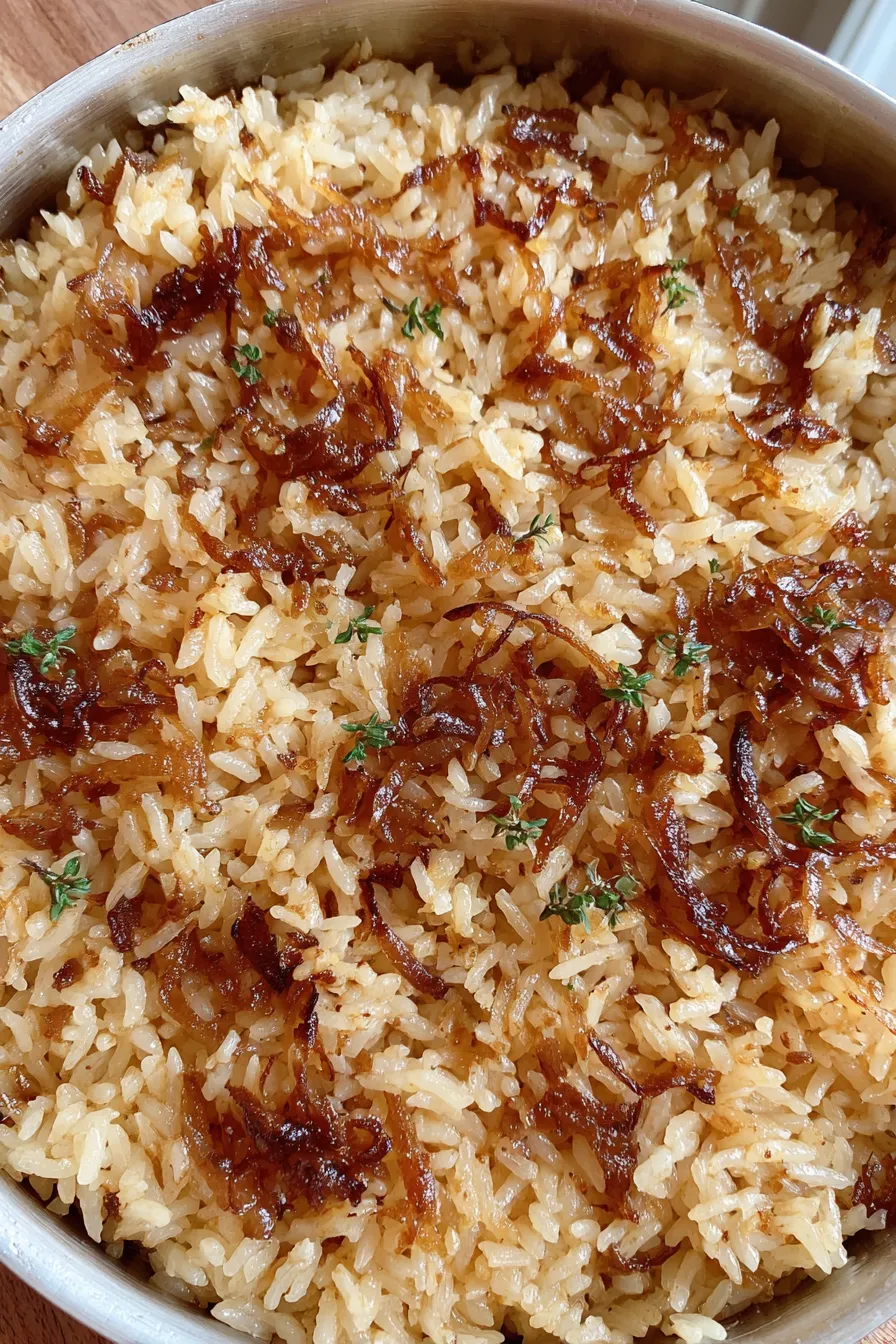 Close-up of a spoonful of French Onion Soup Rice Bake