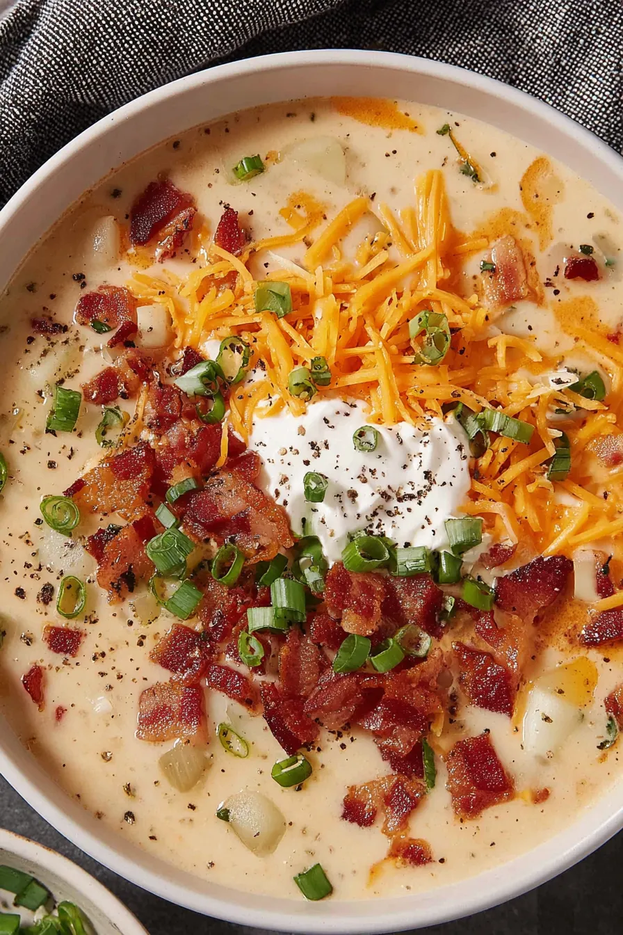 Creamy crockpot potato soup in a bowl garnished with green onions