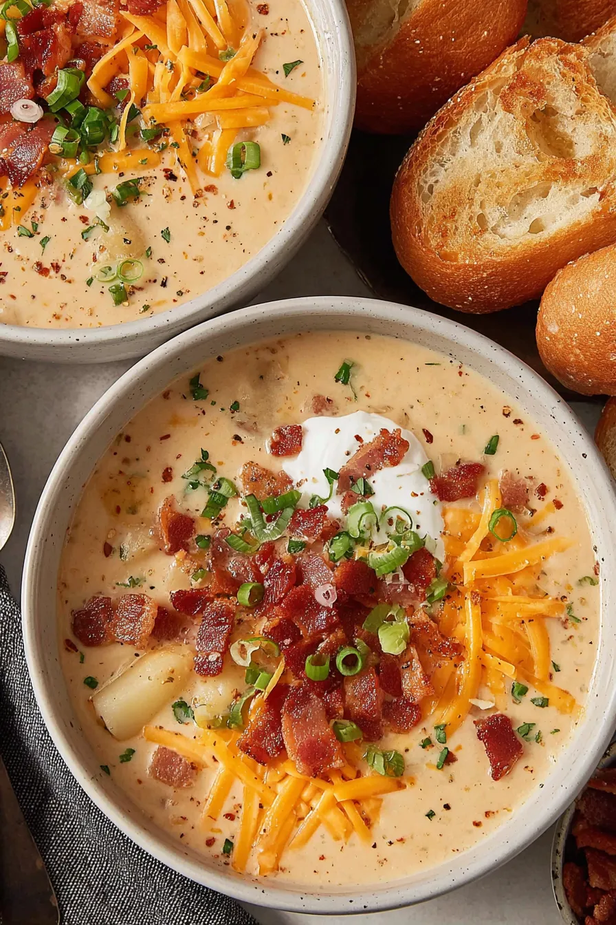 Slow cooker with potato soup and ingredients around