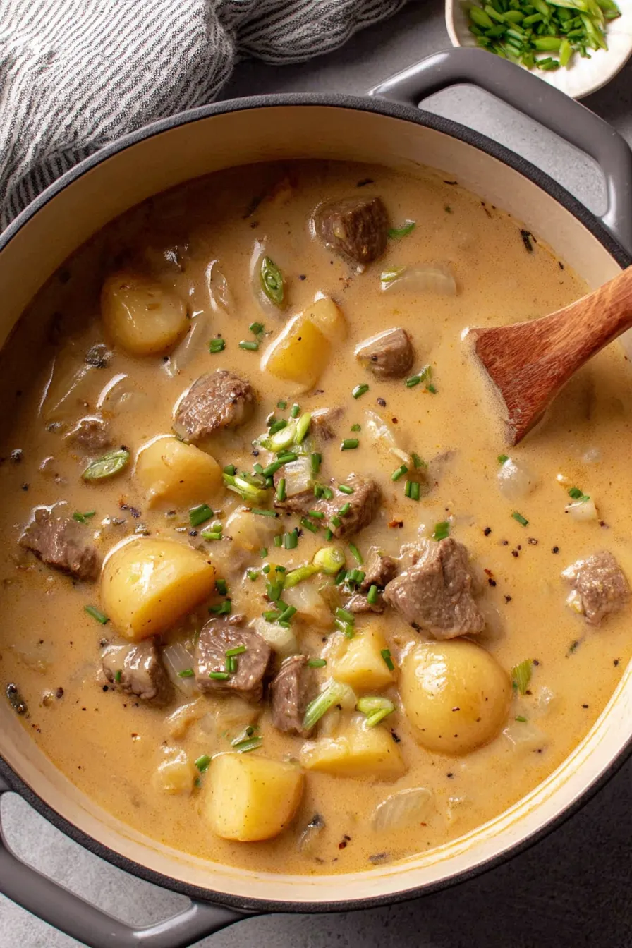 Bowl of creamy steak and potato soup