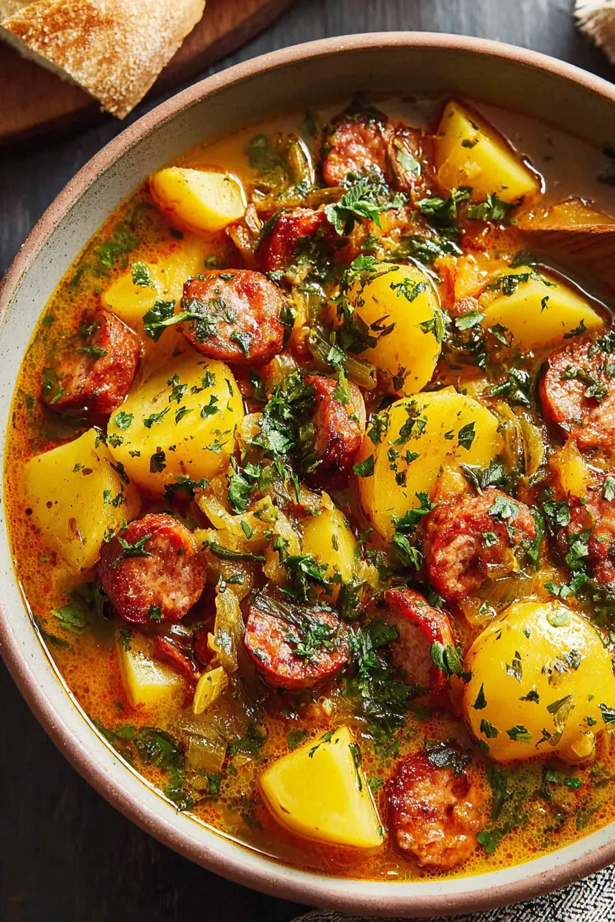Bowl of spicy chorizo and potato soup with parsley