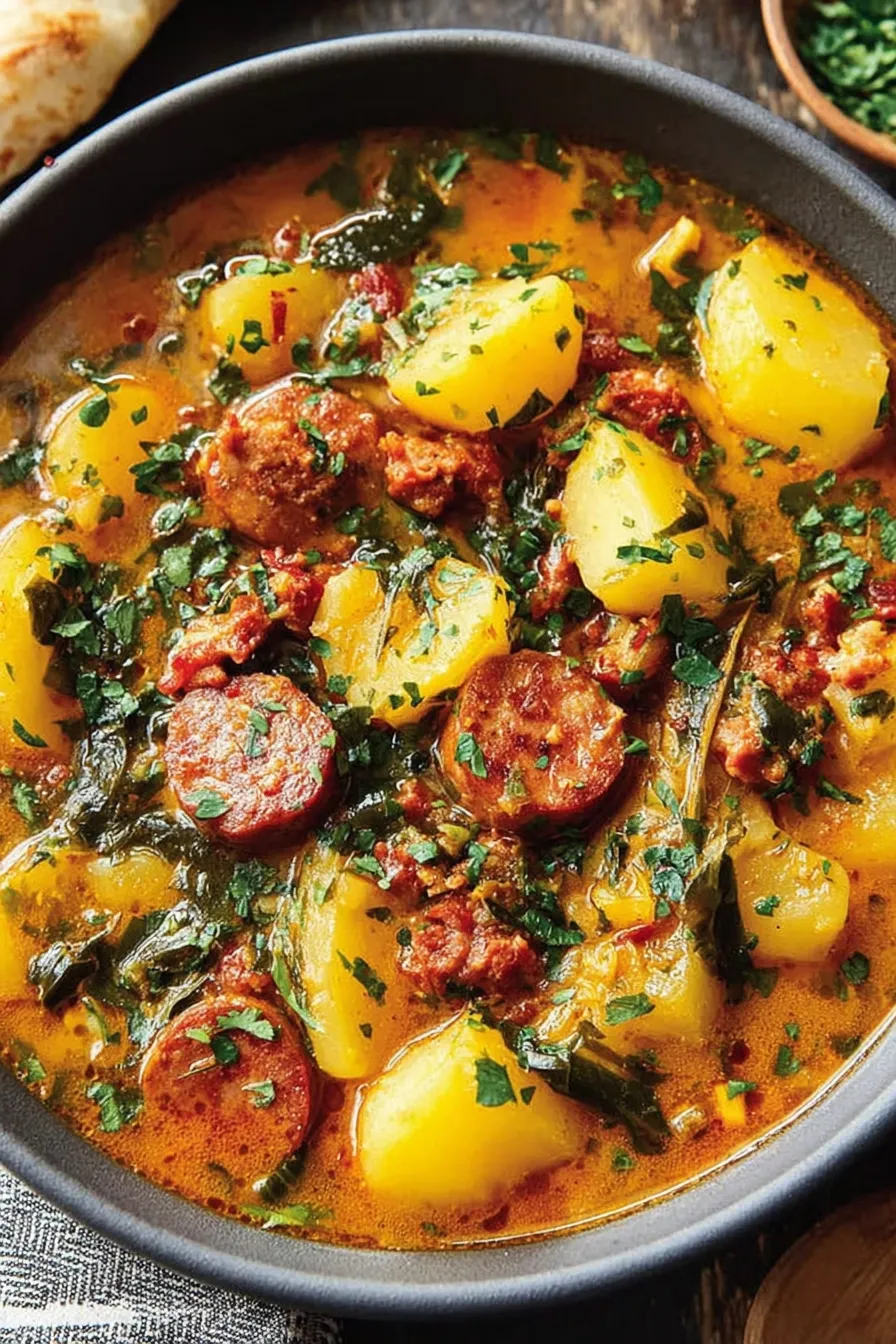 Chorizo being browned in a pot with onions