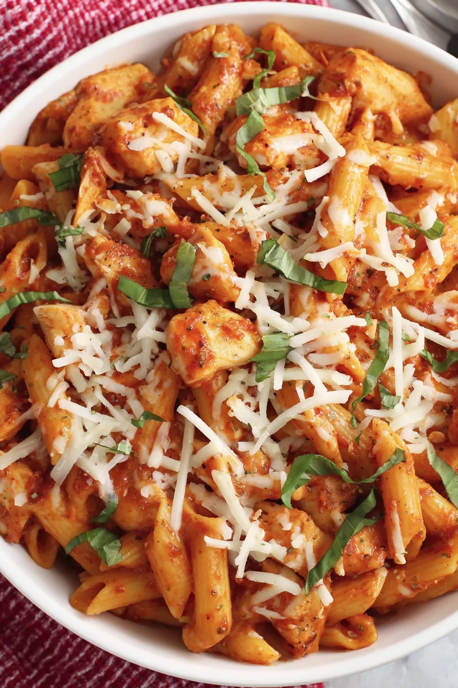 Slow cooker cheesy chicken pasta in a crockpot with melted mozzarella