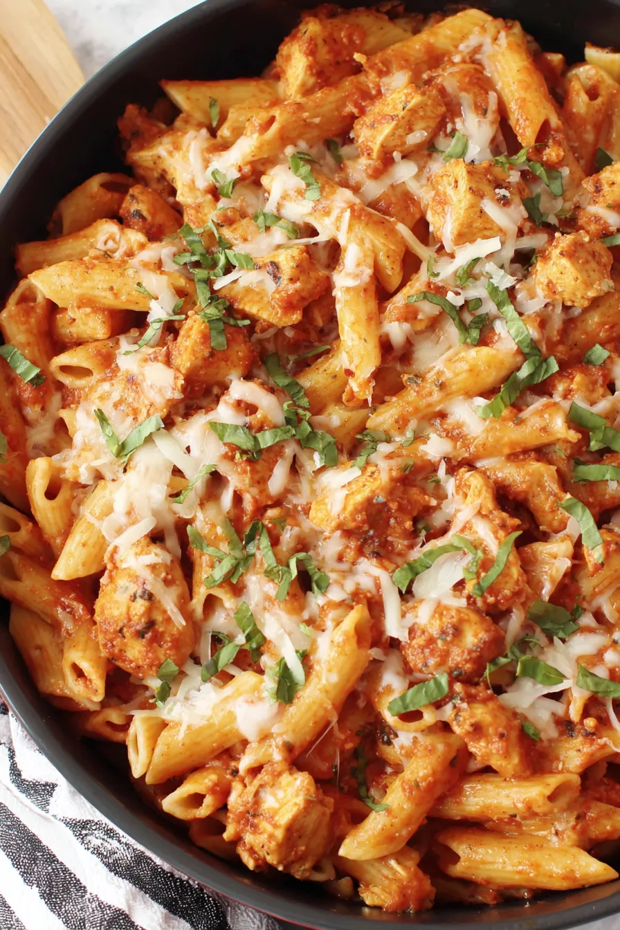 Creamy shredded chicken with pasta served in bowls garnished with basil