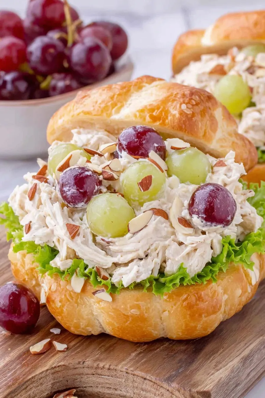 Chicken salad in a bowl with grapes and almonds