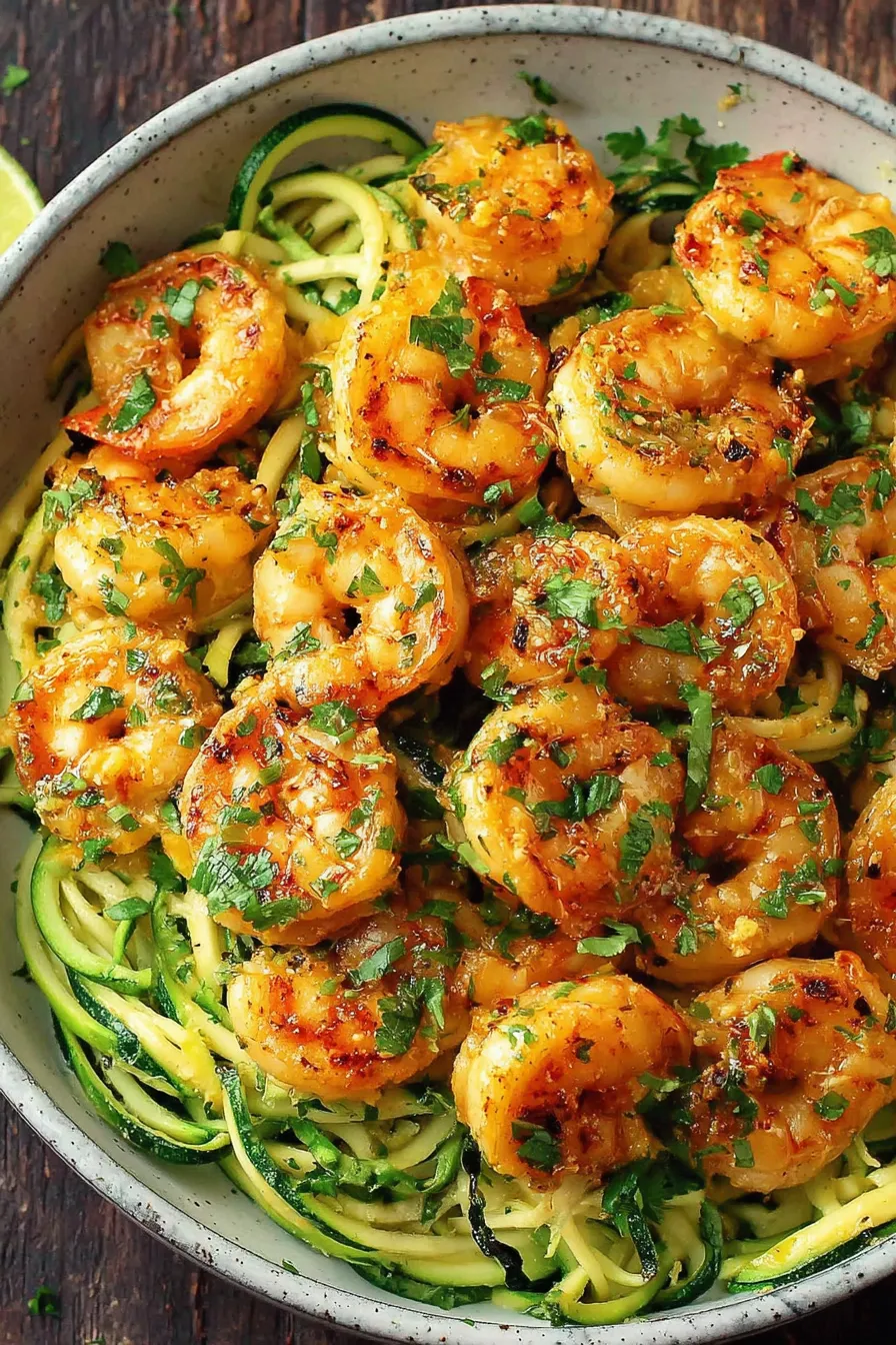 Zucchini noodles tossed with citrus-marinated shrimp